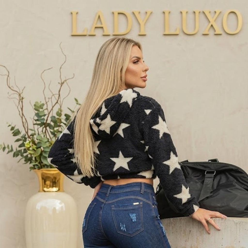 Blusa Agasalho Feminino Manga Longa Peluciada Teddy Estrelas