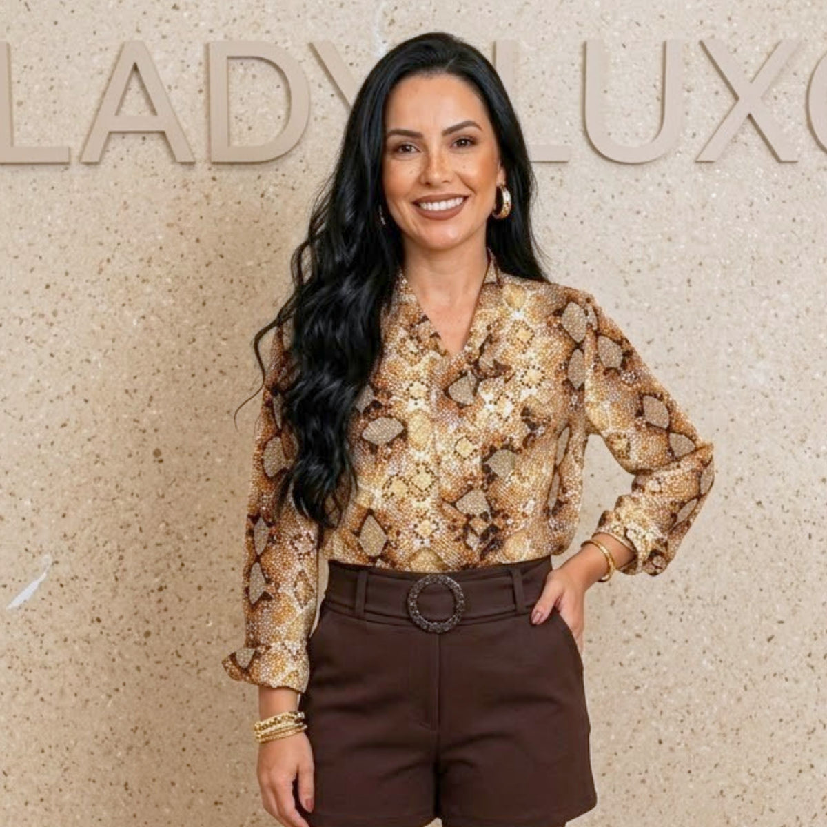 Blusa Feminia Manga Longa Camisa Laço - Caramelo