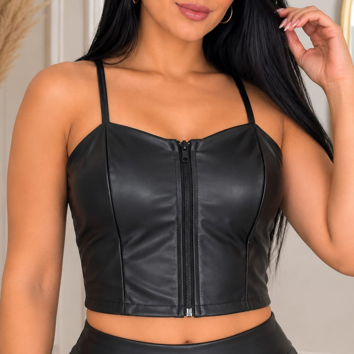 Cropped Alcinha Couro Cirre Ziper Frente