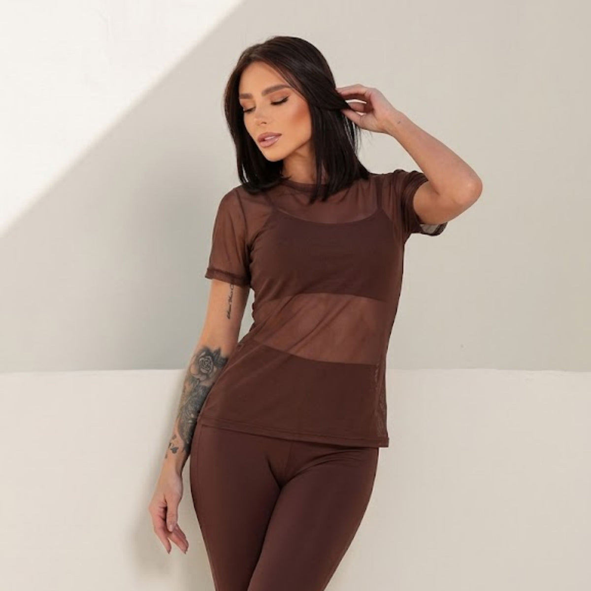 Camiseta Feminina Tule Transparente Fitness P/M
