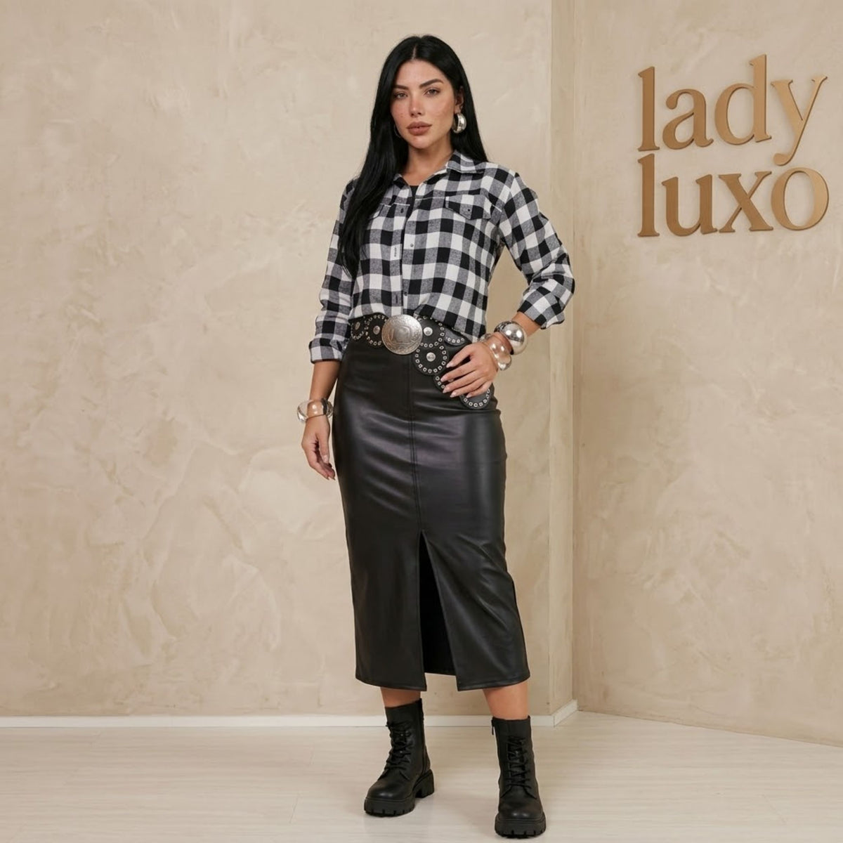 Camisa Feminina Manga Longa Xadrez Preto Branco