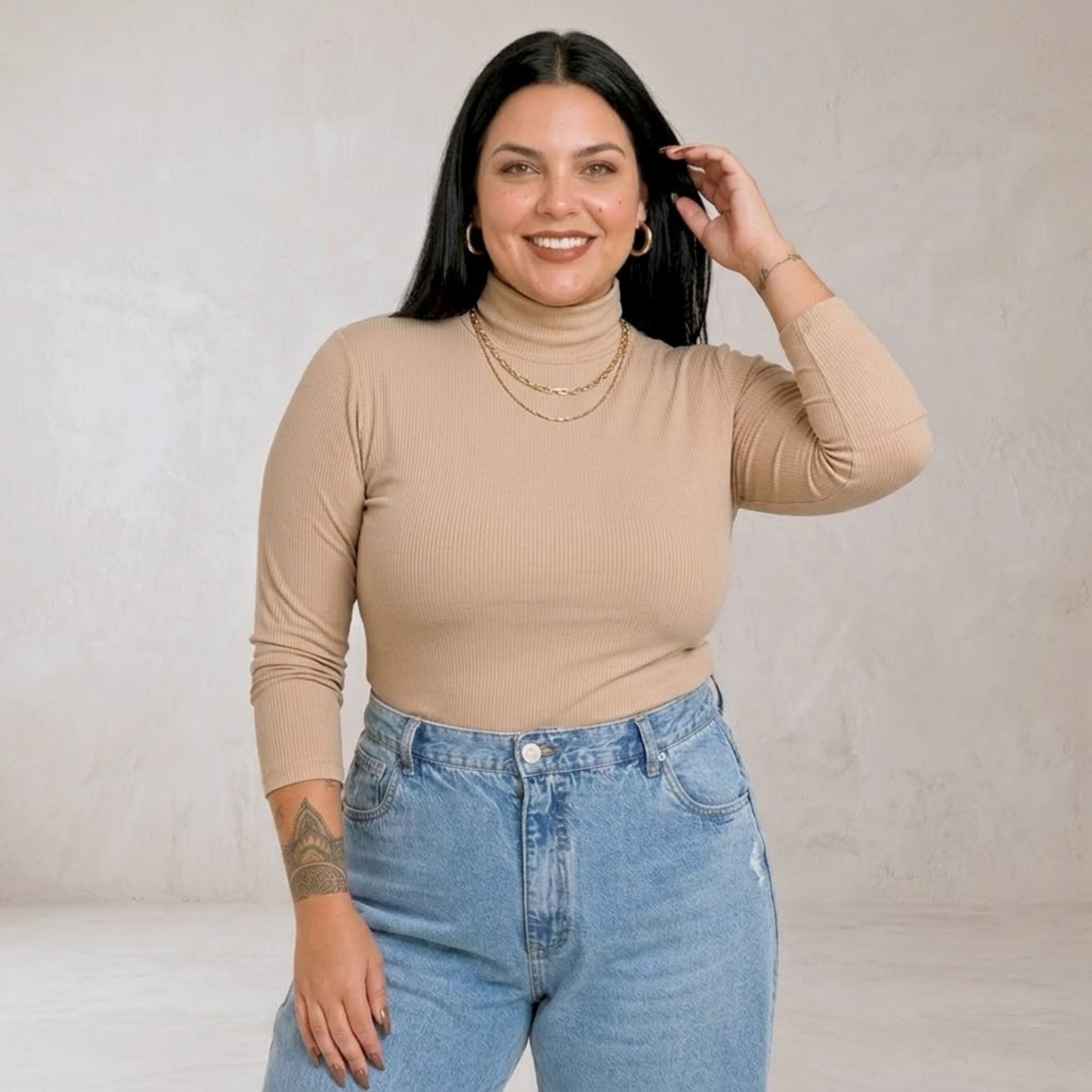 Blusa Gola Alta Manga Longa Cacharrel Ribana Plus Size