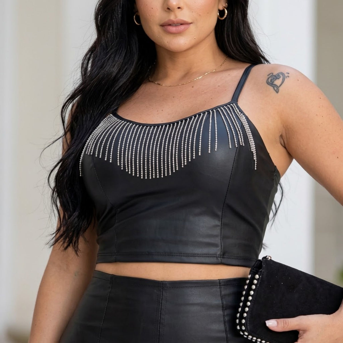 Cropped Couro Cirre Decote Franja