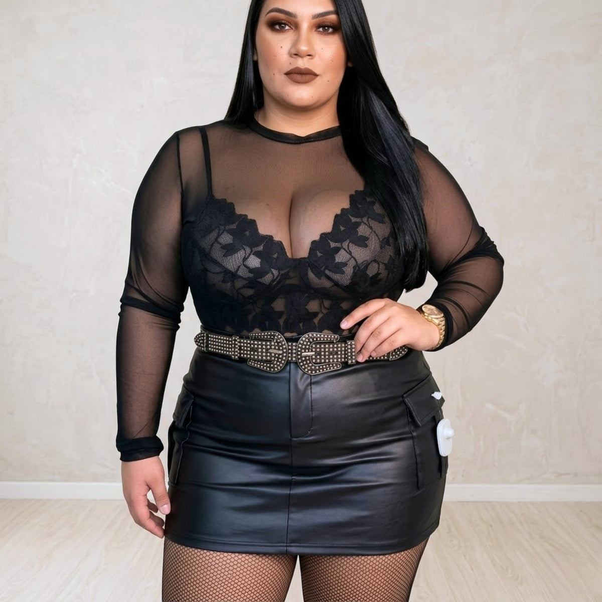 Body Tule Transparente Manga Longa  Plus Size