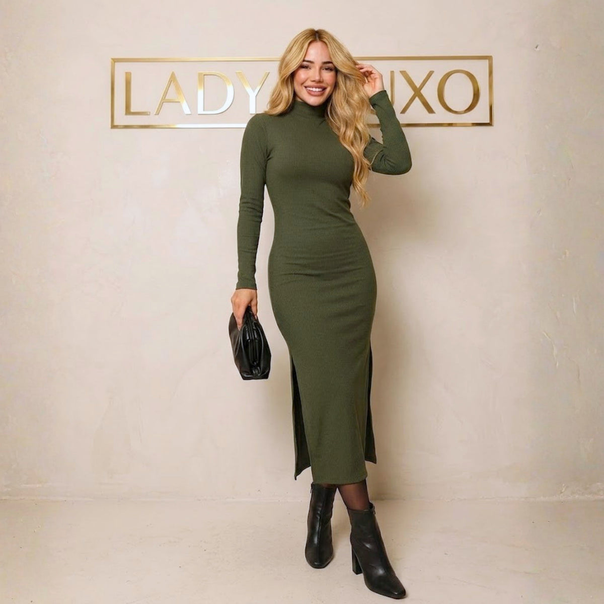 Vestido Longo Midi Gola Alta Manga Longa Anarruga Premium
