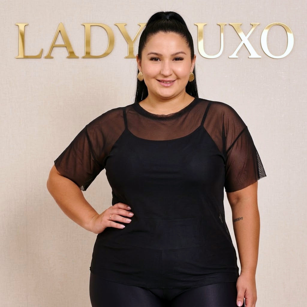Blusa Camiseta Feminina de Tule Transparente Fitness Plus Size