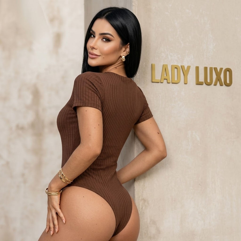 Body Feminino Manga Curta Decote Quadrado Malha Canelada