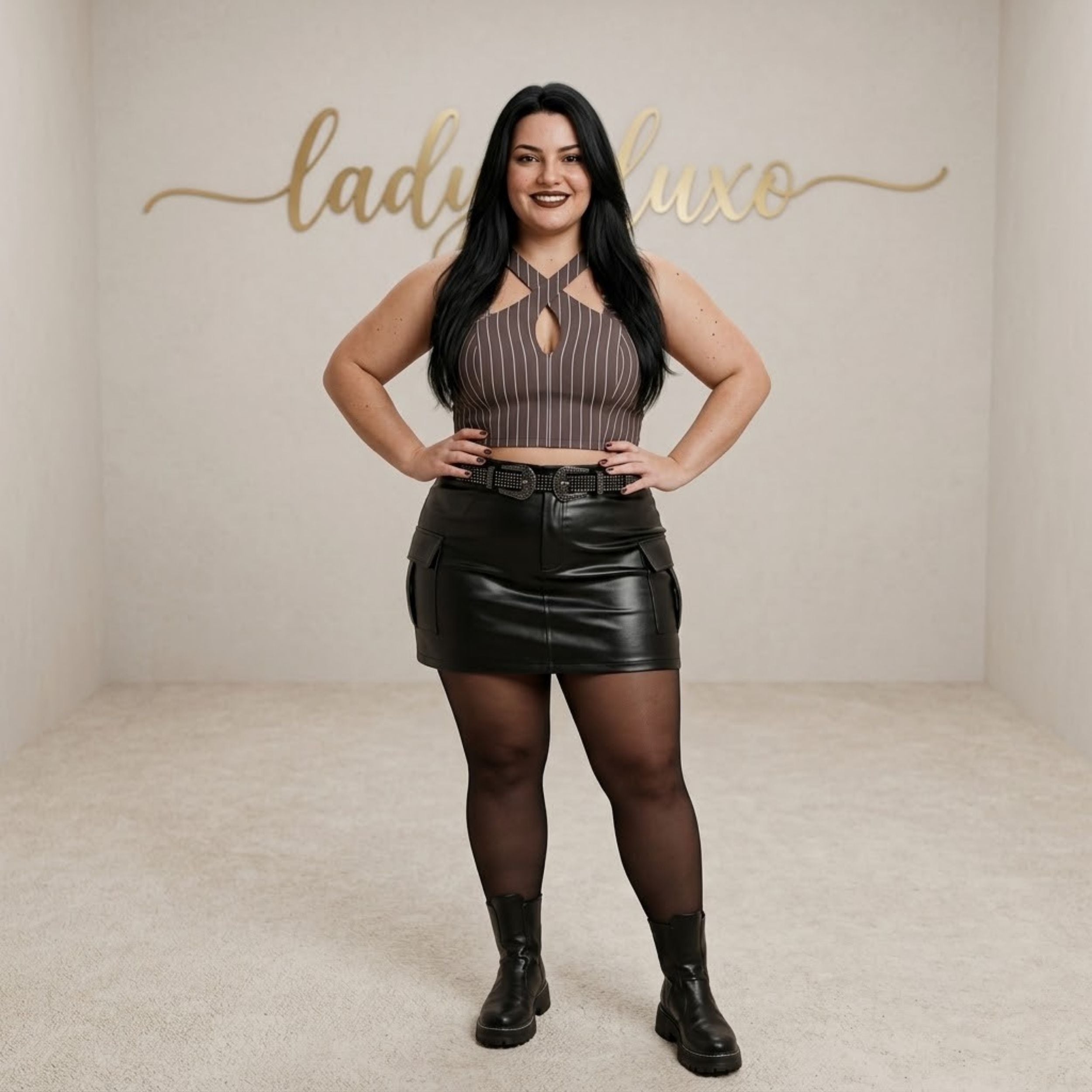 Cropped Decote Cruzado Gota Listrado Risca Giz Plus Size