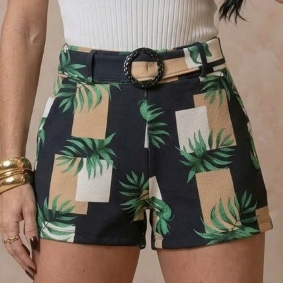 Shorts Malha Crepe Cinto Fivela Estampado - M