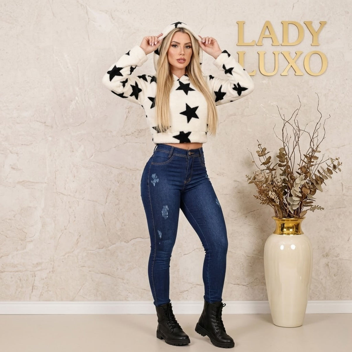 Blusa Agasalho Feminino Manga Longa Peluciada Teddy Estrelas