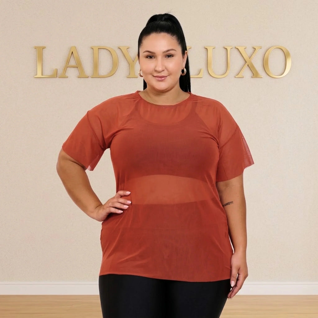 Blusa Camiseta Feminina de Tule Transparente Fitness Plus Size