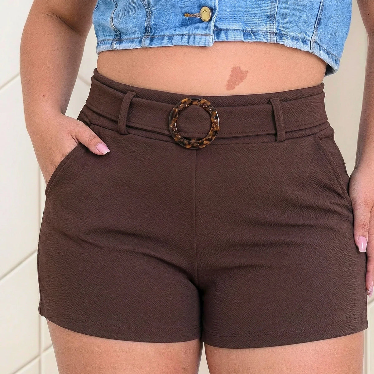 Shorts Malha Crepe Cinto Fivela - GG