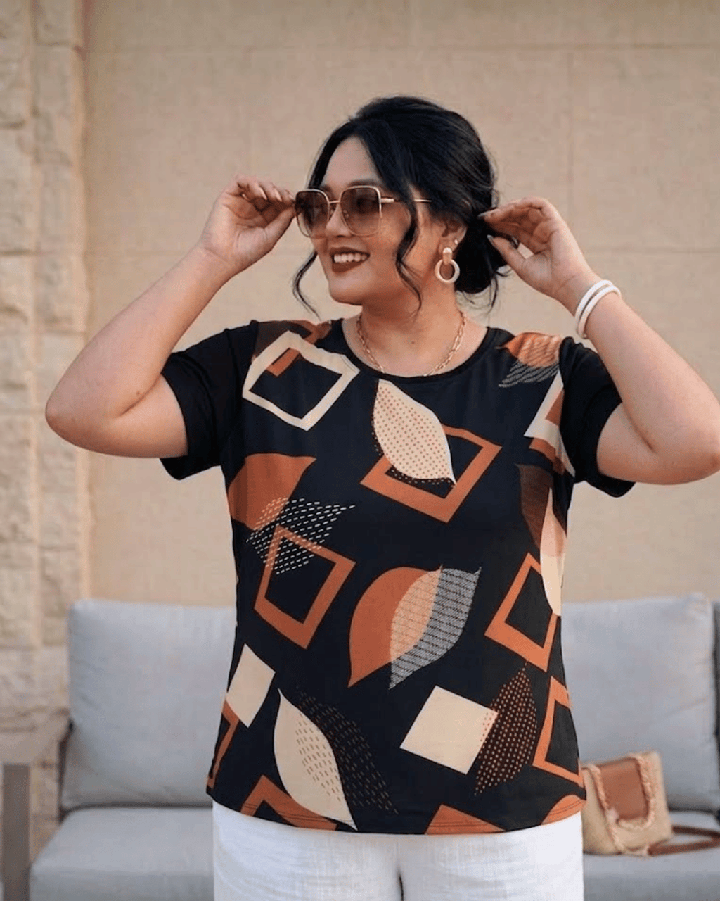 Blusa Crepinho Estampa Folhas Costas Malha