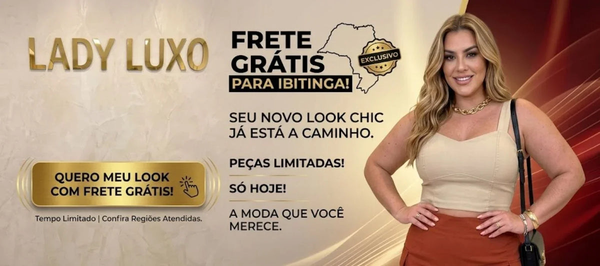 Mulher usando top bege e saia terracota com anúncio de frete grátis para Ibitinga.