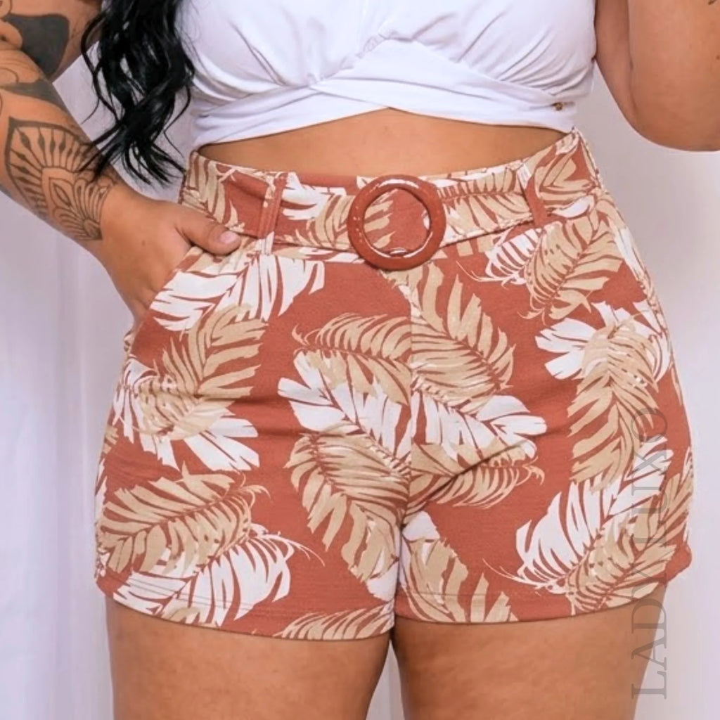 Shorts Malha Crepe Cinto Fivela Estampado - G