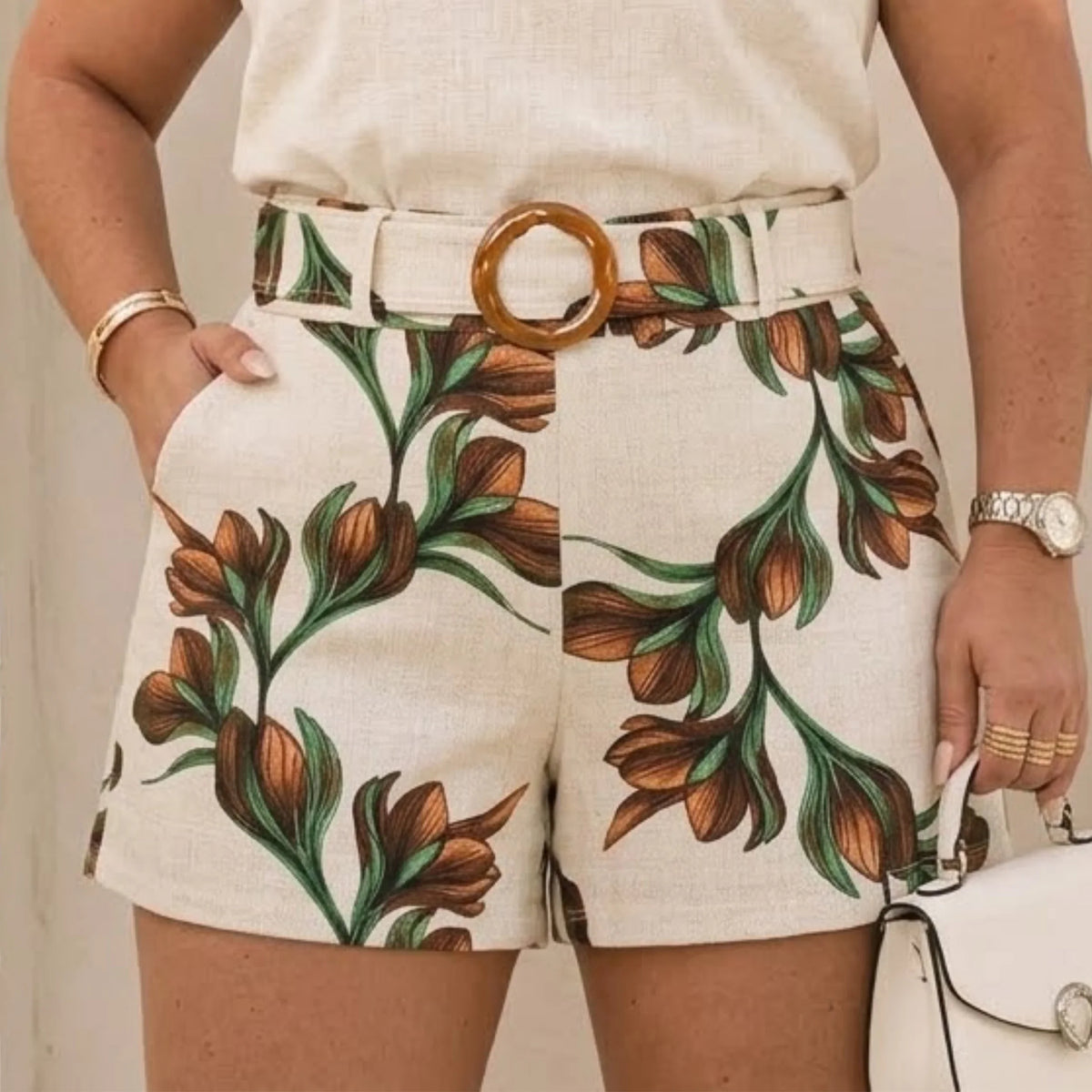 Shorts Malha Crepe Cinto Fivela Estampado - G