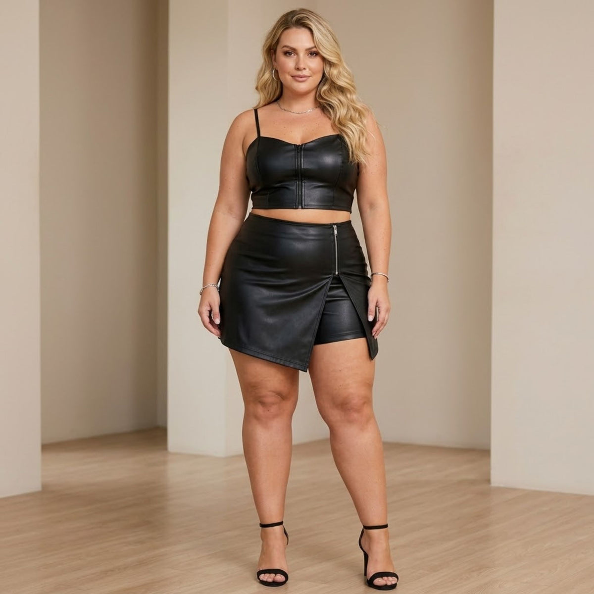 Shorts Saia Couro Cirre Fenda Detalhe Ziper