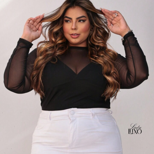 Body tule manga longa preto Lady Luxo – veste G e GG, com elastano e fecho, ideal para looks de inverno e sobreposições