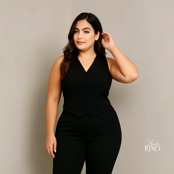 Colete feminino de alfaiataria preto com botões forrados, disponível nos tamanhos G e GG. Pode ser usado sozinho ou como terceira peça sobre blusas e vestidos. Moda versátil da Lady Luxo, de Ibitinga-SP.