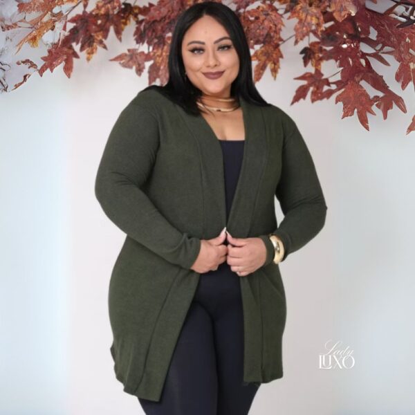 Maxi cardigan verde militar Lady Luxo – look de estúdio outono/inverno, veste do P ao GG, quente, macio e sem necessidade de passar