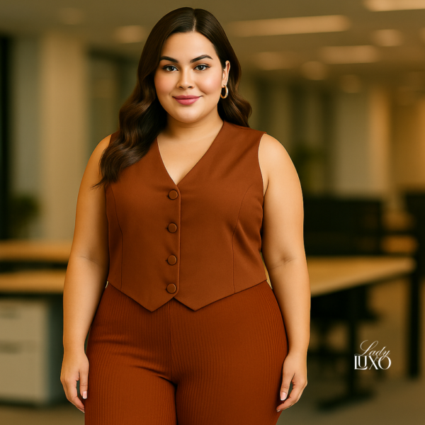 Colete alfaiataria Lady Luxo – feminino, botões forrados, veste G e GG, ideal como terceira peça elegante