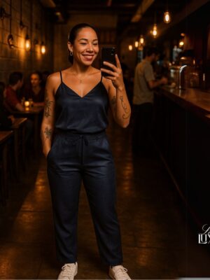 Calça pantalona suede azul marinho Lady Luxo – com bolsos, veste P ao GG, toque macio e caimento perfeito