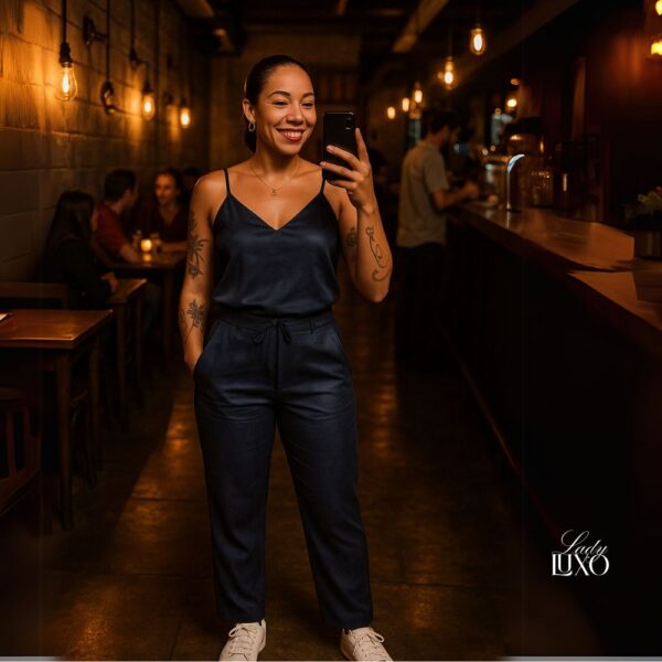 Calça pantalona suede azul marinho Lady Luxo – com bolsos, veste P ao GG, toque macio e caimento perfeito