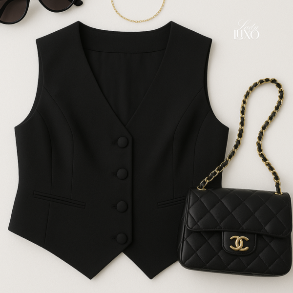 Colete feminino de alfaiataria preto com botões forrados, disponível nos tamanhos G e GG. Pode ser usado sozinho ou como terceira peça sobre blusas e vestidos. Moda versátil da Lady Luxo, de Ibitinga-SP.