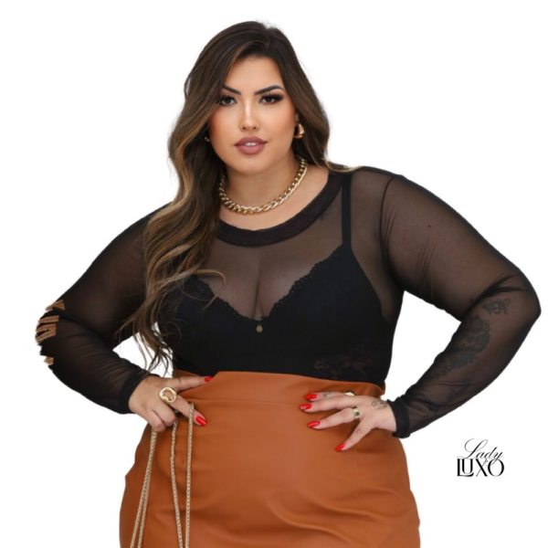 Body tule manga longa preto Lady Luxo – veste G e GG, com elastano e fecho, ideal para looks de inverno e sobreposições