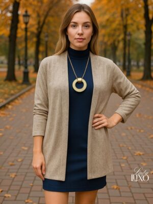 Maxi cardigan bege Lady Luxo – look de estúdio outono/inverno, veste do P ao GG, quente, macio e sem necessidade de passar