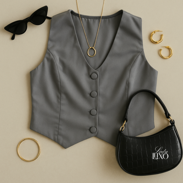 Colete feminino de alfaiataria cinza com botões forrados, disponível nos tamanhos G e GG. Pode ser usado sozinho ou como terceira peça sobre vestidos, camisas ou blusas. Moda versátil da Lady Luxo, Ibitinga-SP.