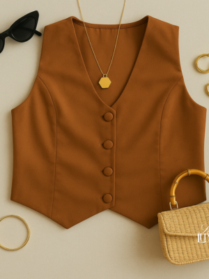 Colete alfaiataria Lady Luxo – feminino, botões forrados, veste G e GG, ideal como terceira peça elegante