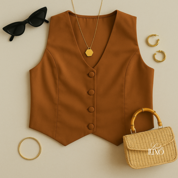 Colete alfaiataria Lady Luxo – feminino, botões forrados, veste G e GG, ideal como terceira peça elegante