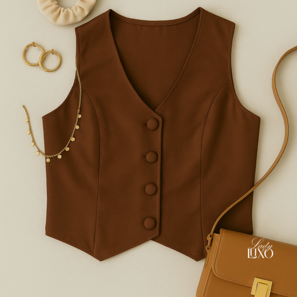 Colete feminino de alfaiataria marrom com botões forrados, disponível nos tamanhos G e GG. Pode ser usado sozinho ou como terceira peça sobre blusas e vestidos. Moda versátil da Lady Luxo, Ibitinga-SP.