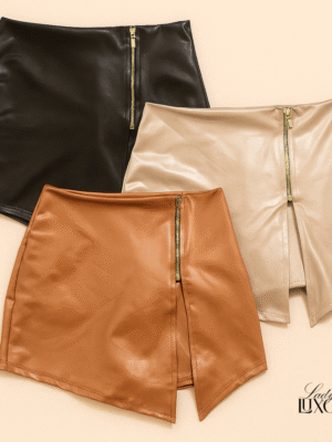 Shorts Saia Cirre Couro Fake Fenda Ziper