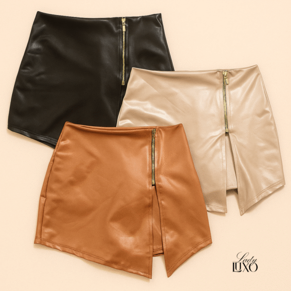 Shorts Saia Cirre Couro Fake Fenda Ziper