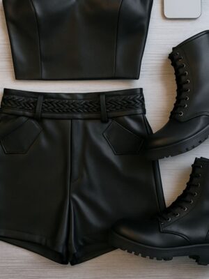 Shorts Cirre Couro Fake Cinto Trança